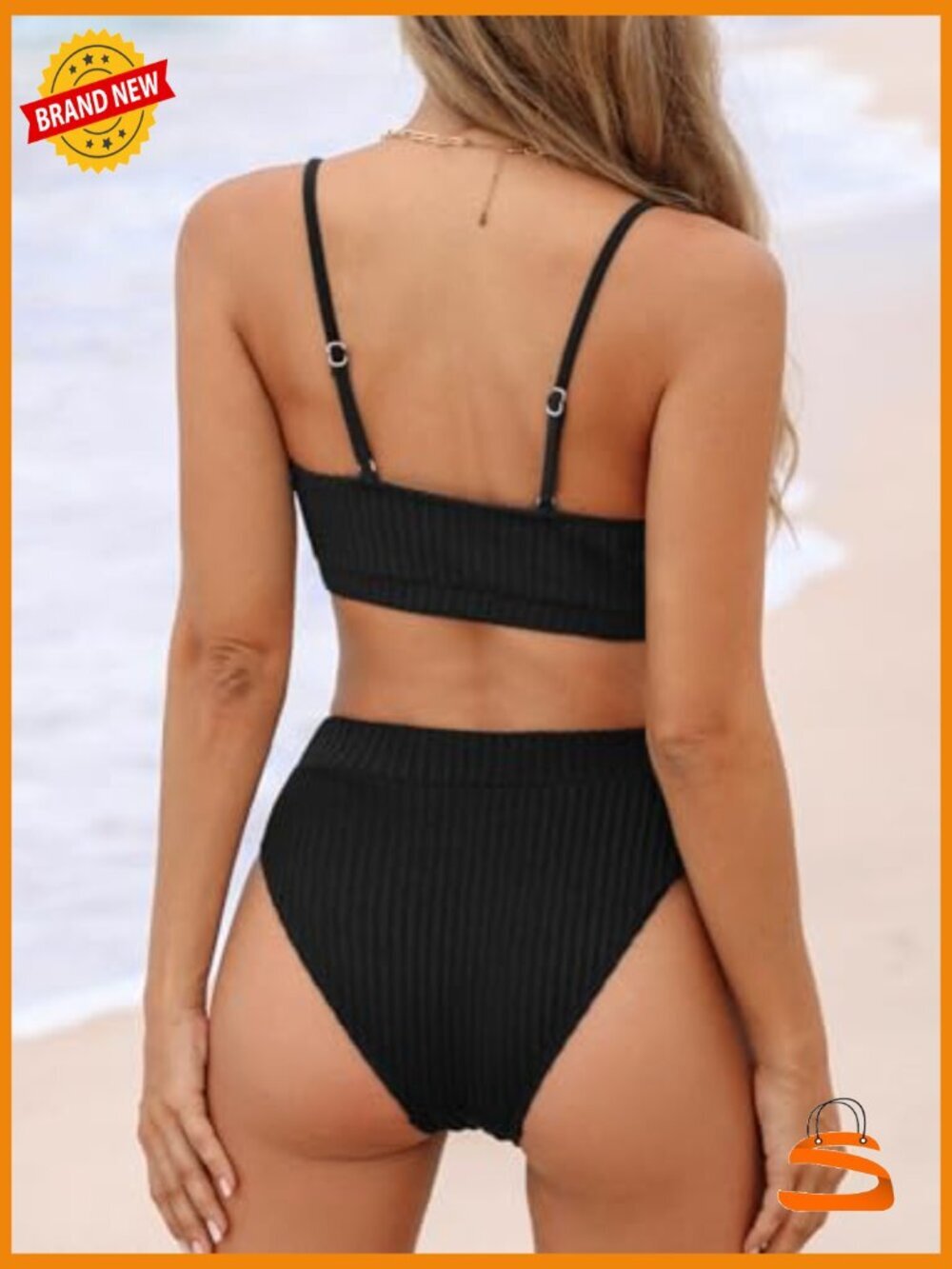High Waisted Bikini Set Two Piece Swimsuits Textured Knit Scoop Neck Adjustable - Picture 2 of 7